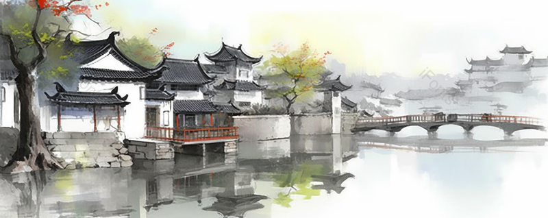 中国复古彩色水墨风景国画江南风景,插画/手绘图,插画/手绘图库,插画/手绘图下载,插画/手绘